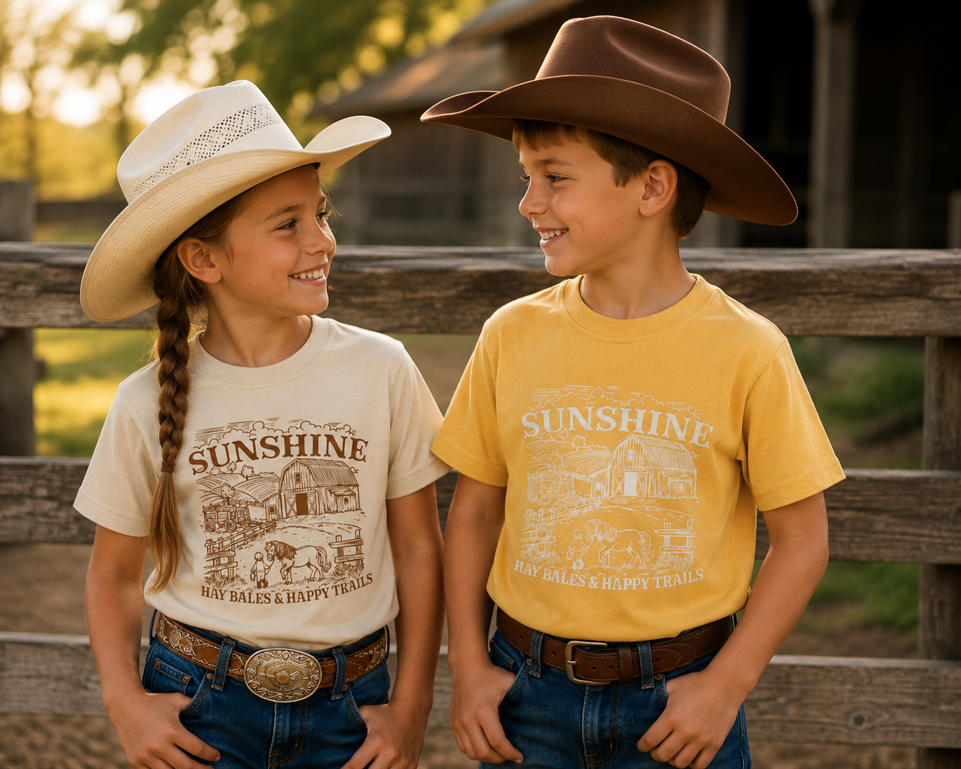 Sunshine, Hay Bales & Happy Trails™ Kids Western T-Shirt | 100% Cotton