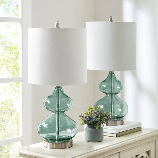 Clear Glass Base Table Lamps, Teal Blue Glass (Set of 2)