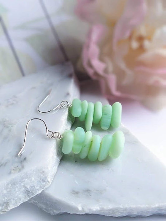 Mint Green Pebble Shaped Stacked Sea Glass Silver Ladies Dangle Earrings