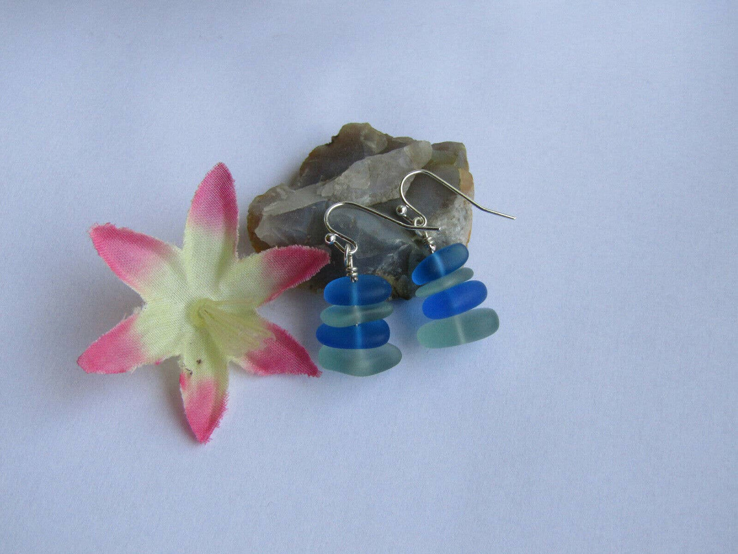 Light Blue & Dark Blue Sea Glass Pebble Earrings Silver Plated