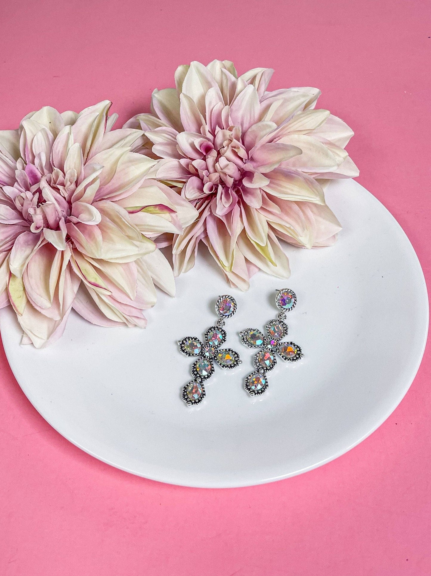 Silver Crystal Cross Earrings