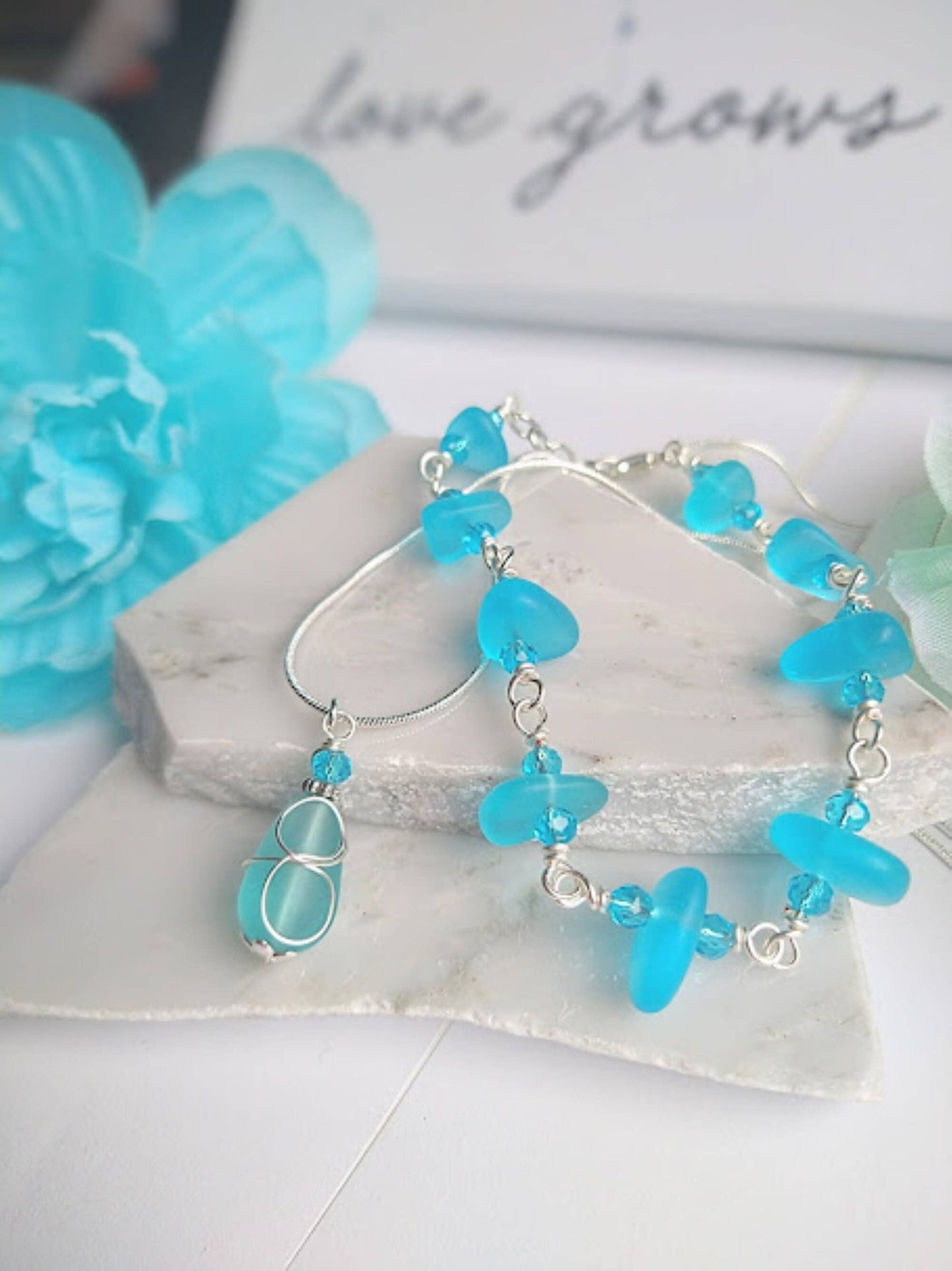 Caribbean Blue Sea Glass "loop" Silver Snake Chain Necklace