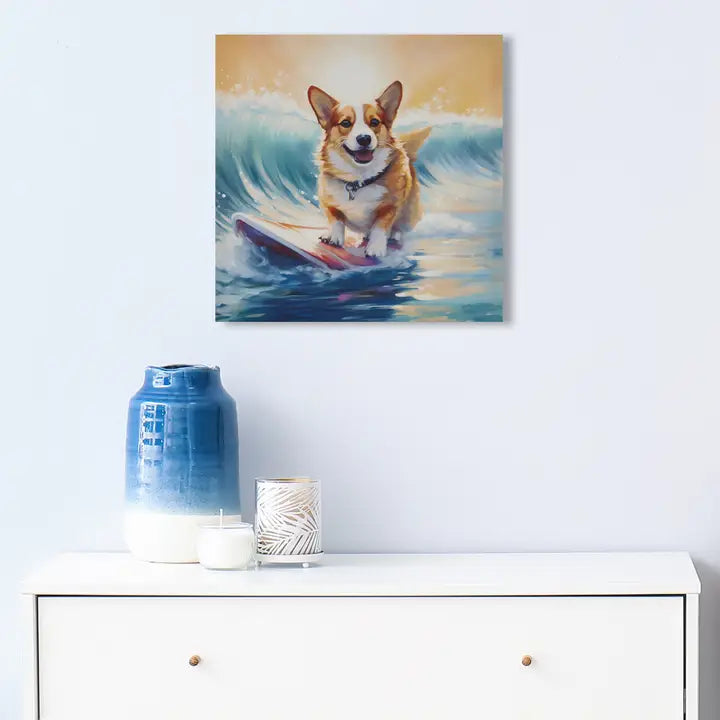 Beach Dogs Coastal Canvas Wall Art, Corgi