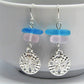 Pink & Blue Sea Glass Earrings, Sand Dollar Shell Charm, Beach Earrings