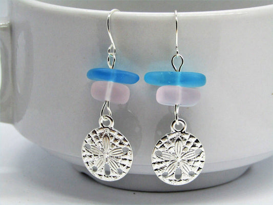 Pink & Blue Sea Glass Earrings, Sand Dollar Shell Charm, Beach Earrings