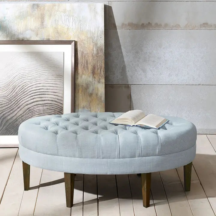 Oval Ottoman Button Tufted Bench, Light Blue