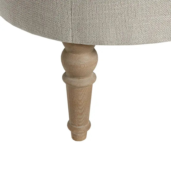 Button Tufted Ottoman with Reclaimed Wooden Leg, Light Grey