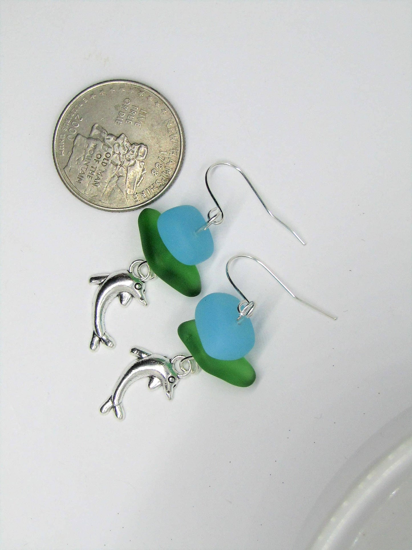 Sea Glass Dolphin Earrings: Sterling Silver, Beach Jewelry