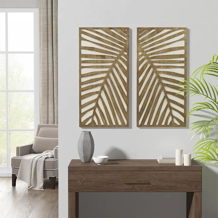 Carved Palm Leaves Tropical 2-Piece Wood Wall Art