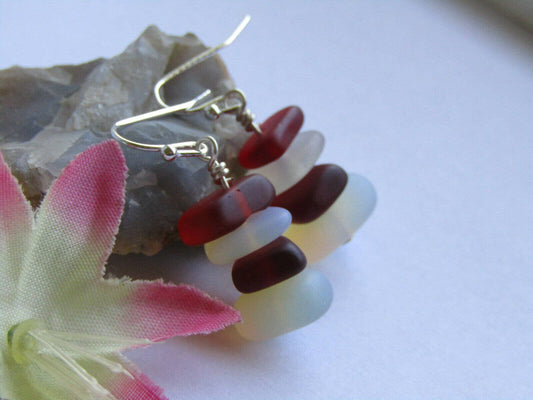 Moonstone Opal & Red Sea Glass Pebble Earrings Silver Plated