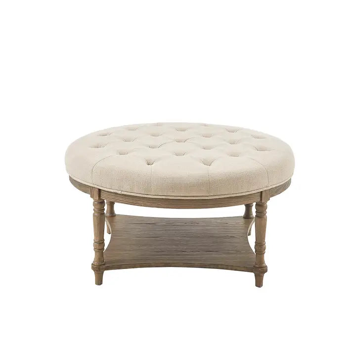 Country Style Round Ottoman with Bottom Shelf, Cream