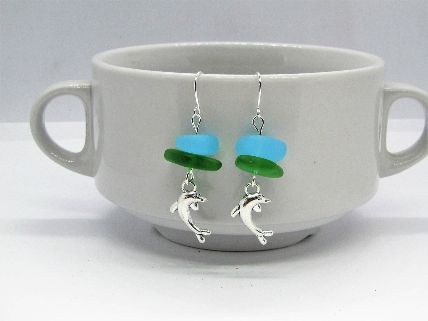 Sea Glass Dolphin Earrings: Sterling Silver, Beach Jewelry