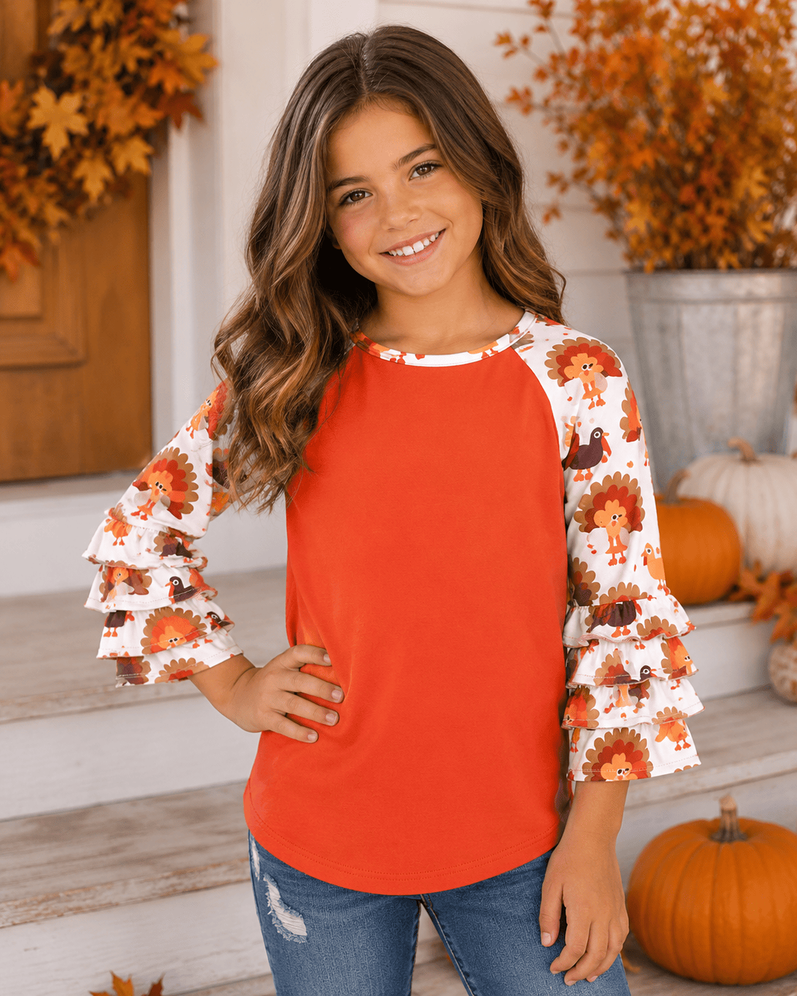 Turkey Thanksgiving Orange Ruffle Top
