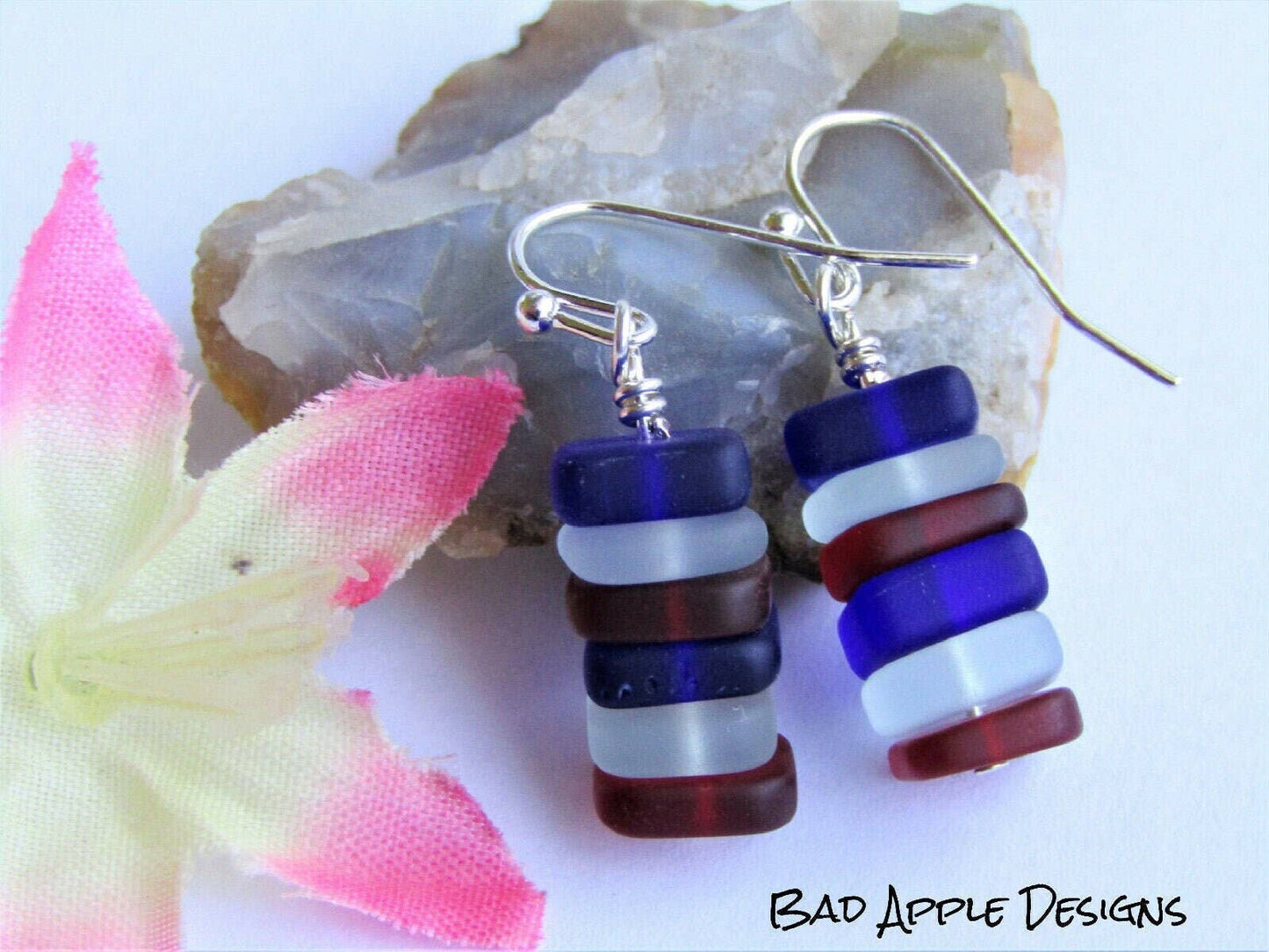 Handmade Stacked Red, White & Blue Sea Glass Beach Stone Pebble Silver Earrings