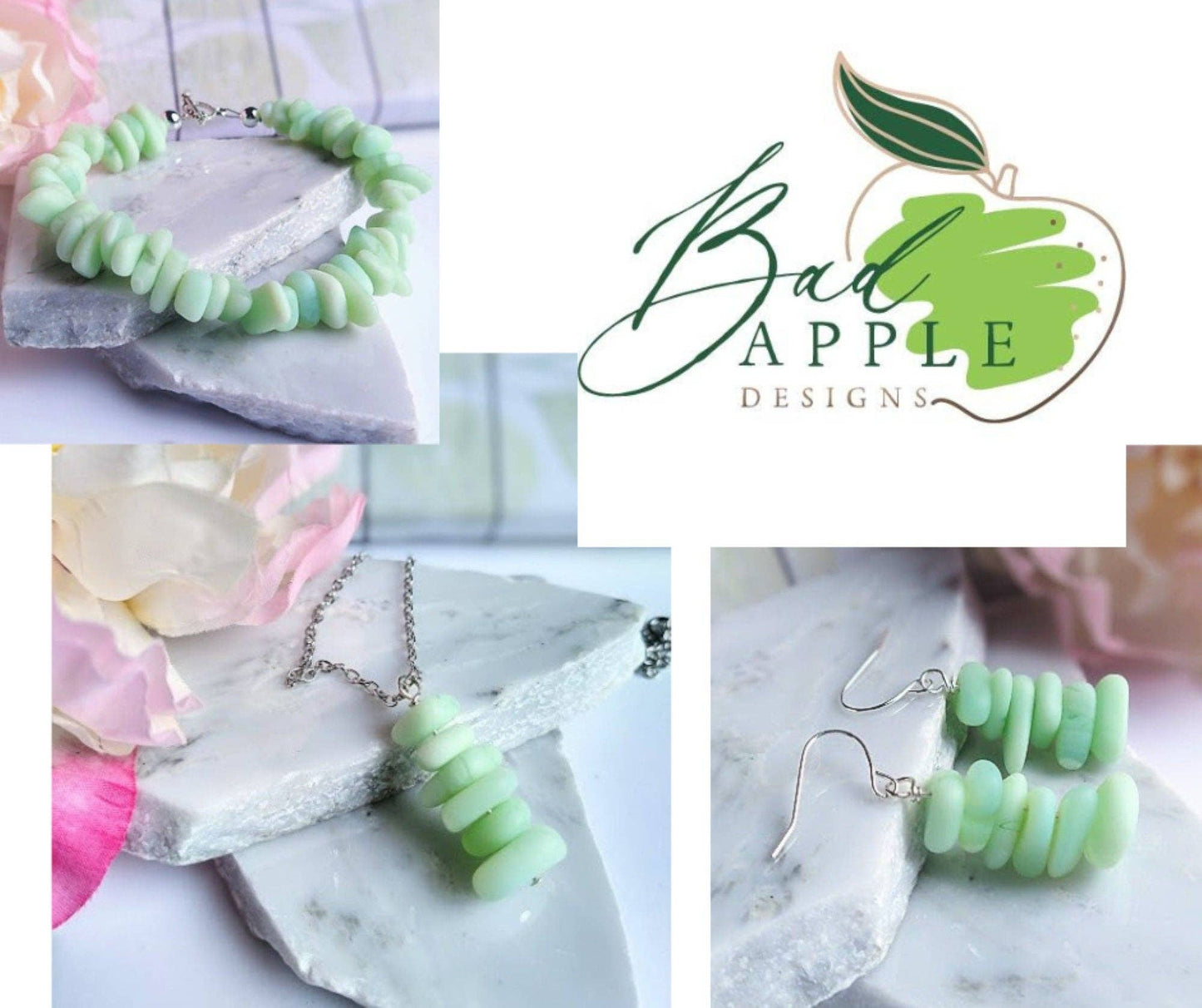 Mint Green Pebble Shaped Stacked Sea Glass Silver Ladies Dangle Earrings