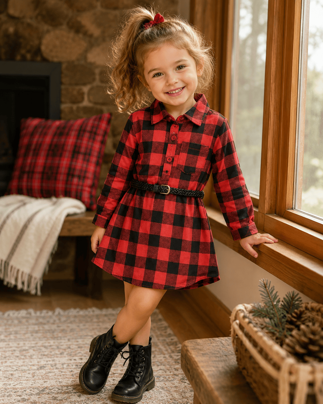 Red Plaid Belt Buckle Dress Kids