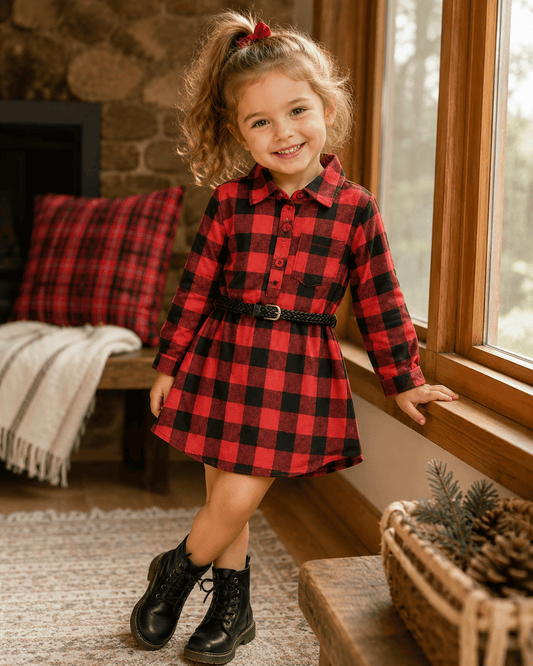 Red Plaid Belt Buckle Dress Kids