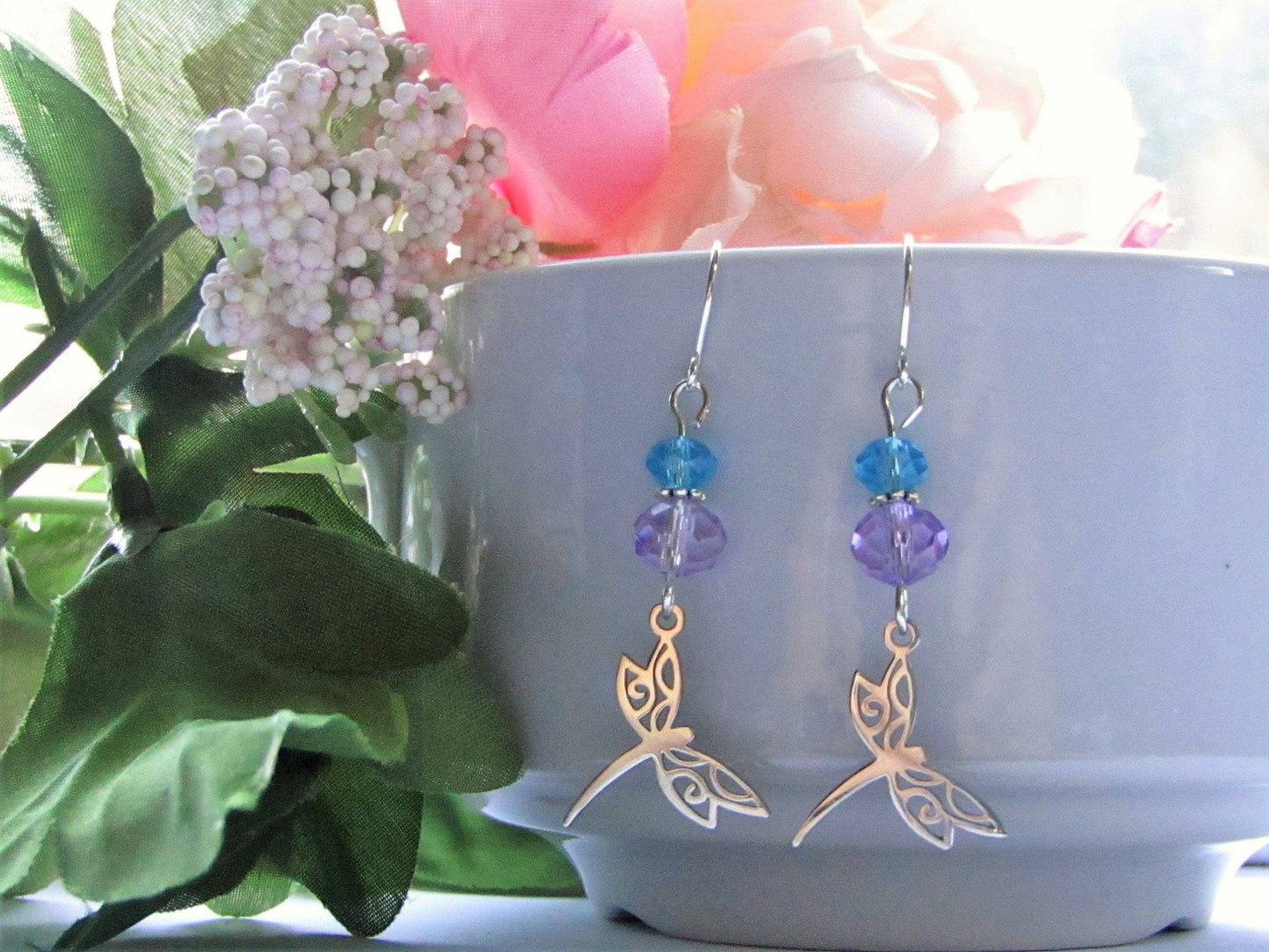 Purple & Blue Glass Stainless Steel Dragonfly Charm Silver Dangle Earrings