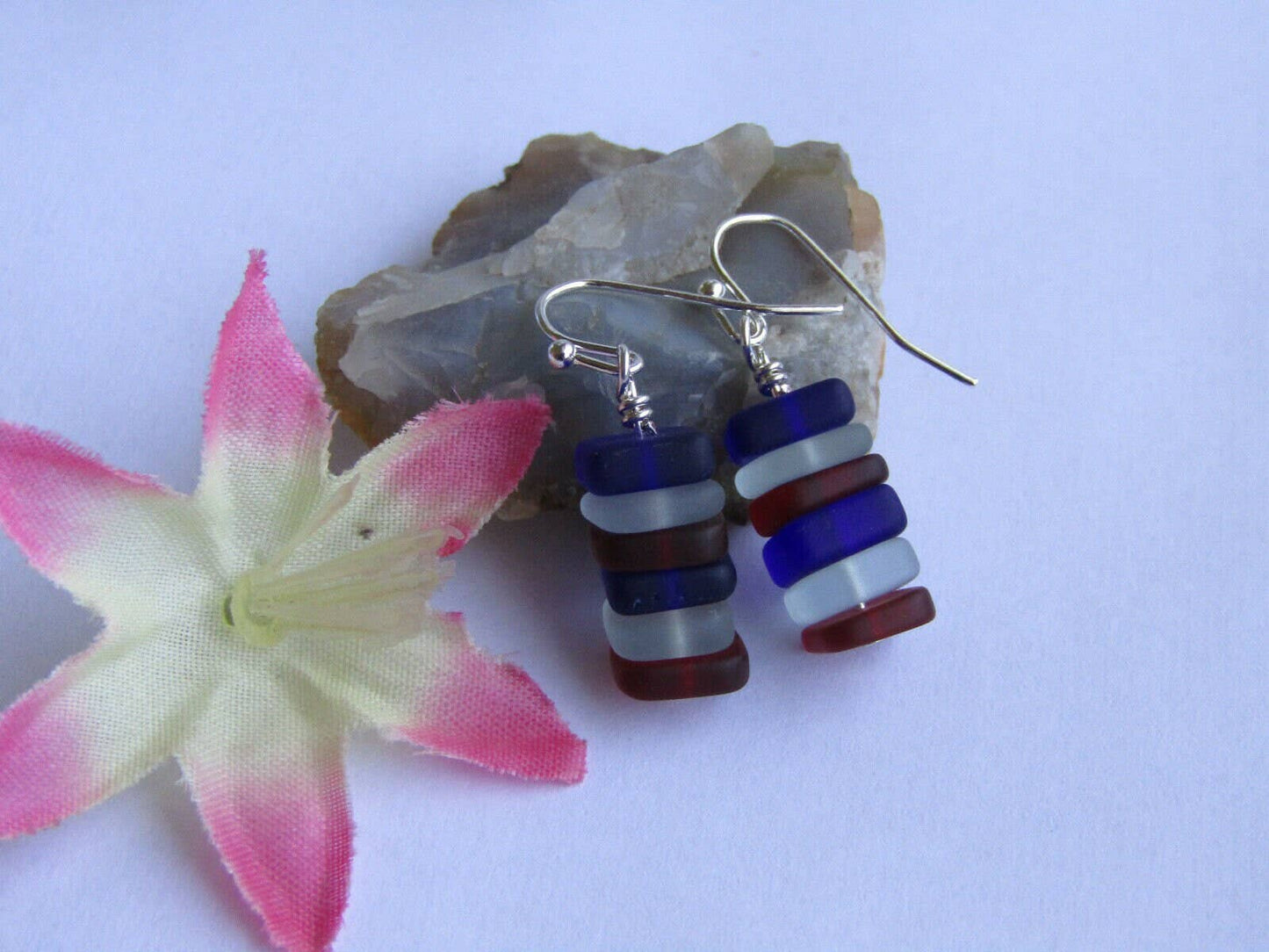 Handmade Stacked Red, White & Blue Sea Glass Beach Stone Pebble Silver Earrings