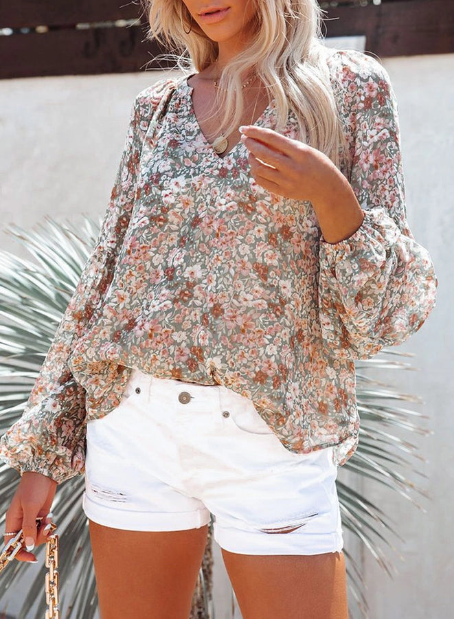 Floral Chiffon Balloon Sleeved Shirt