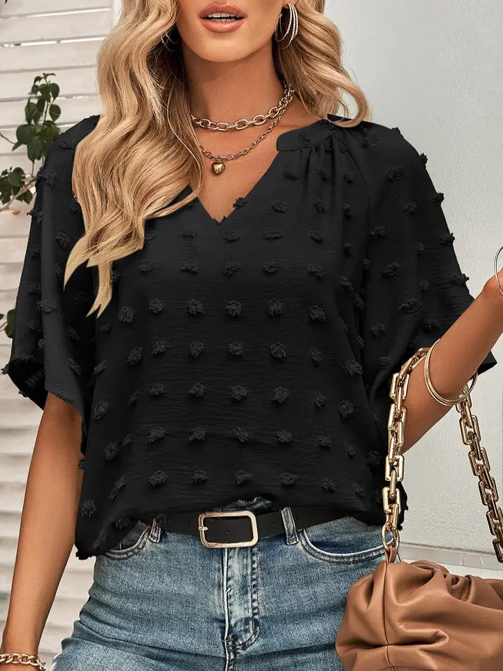 V-Neck Solid Color Furball Top