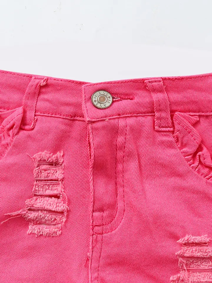 Kids Pink Distressed Ruffle Denim Shorts