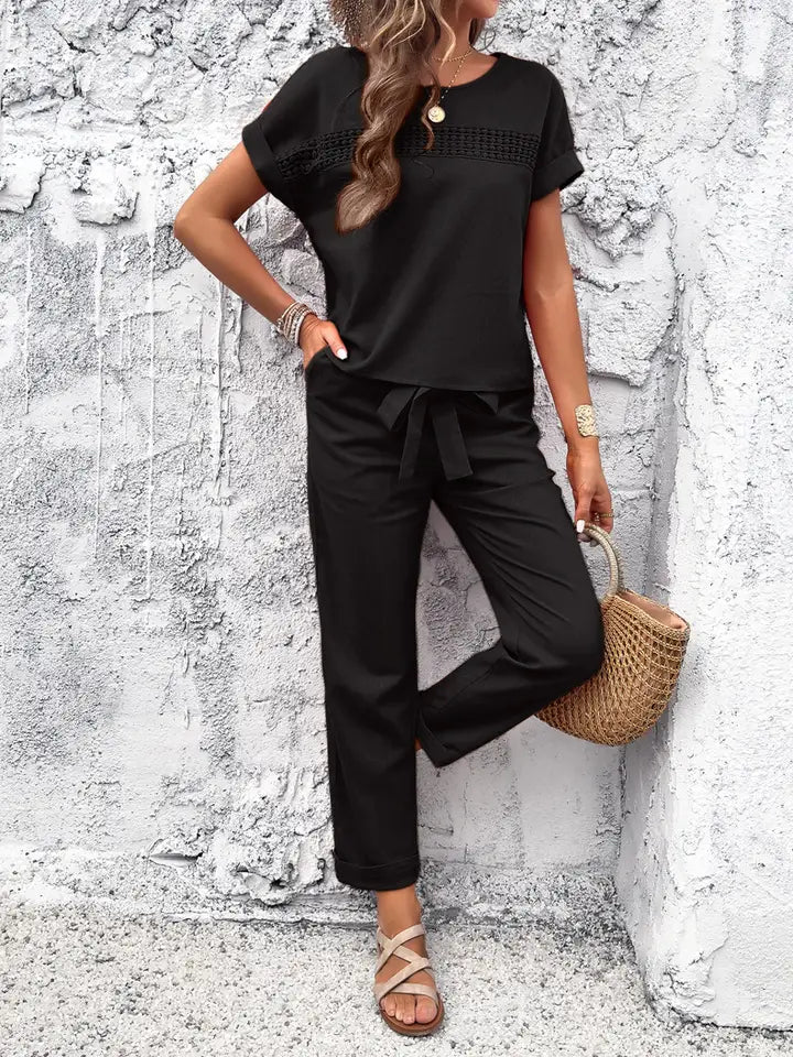 Casual Rolled-Sleeve T-Shirt Lace-Up Trousers Set