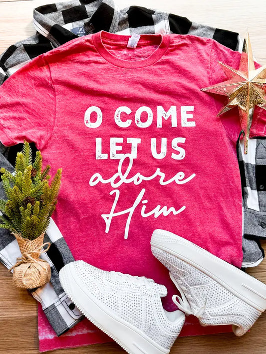 O Come Let Us Adore Him Red Graphic Tee