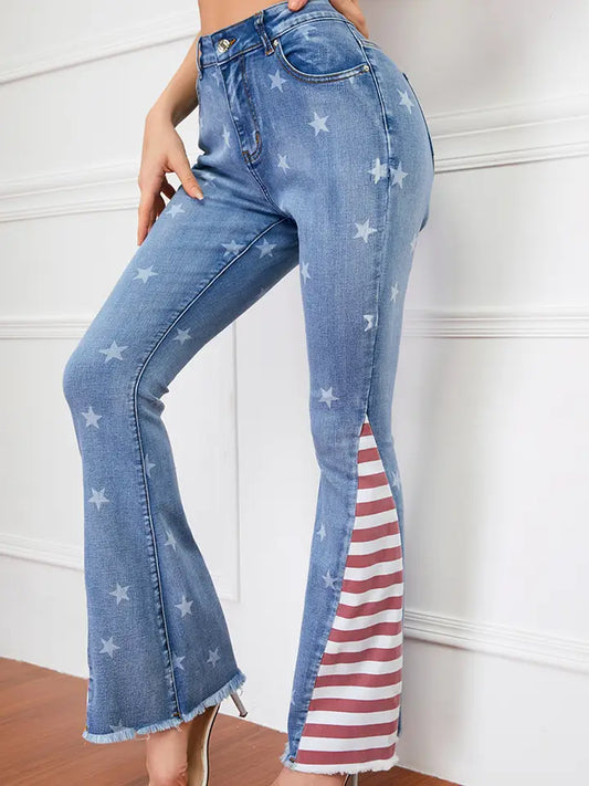 American Flag Print Star Patterned Flared Jeans