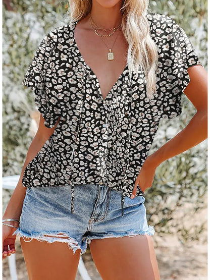 Women's Tie Floral V-Neck Short Sleeve Blouse Top