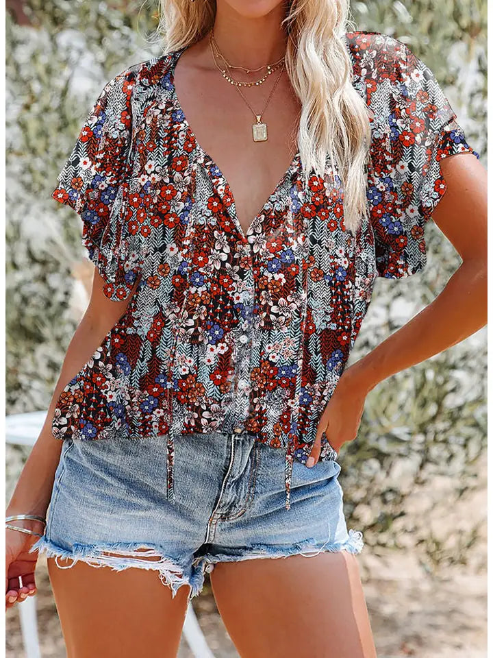 Women's Tie Floral V-Neck Short Sleeve Blouse Top