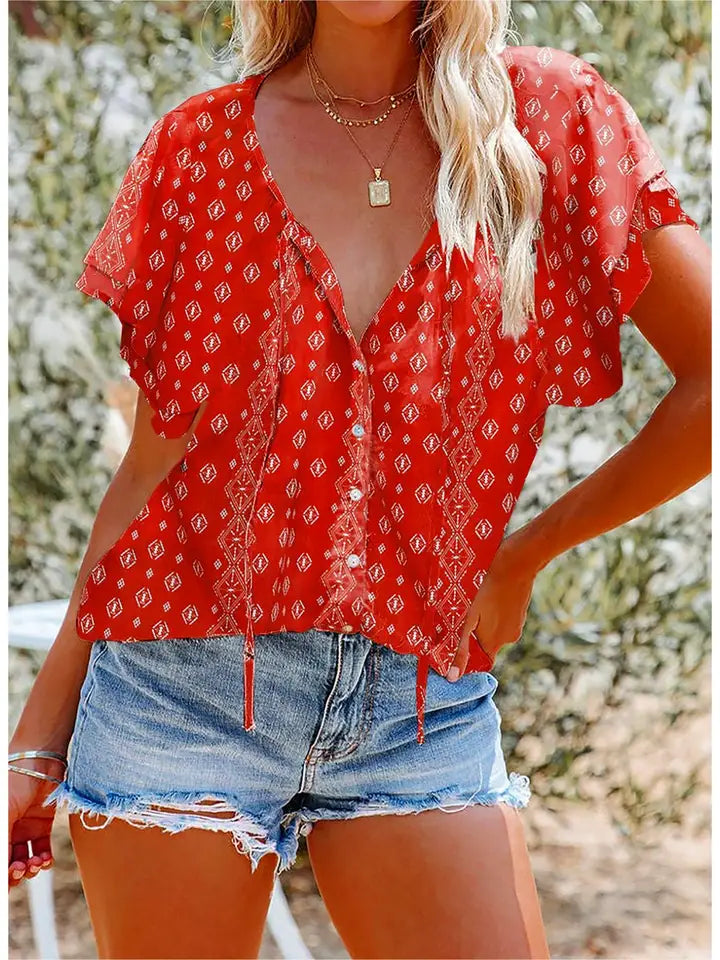 Women's Tie Floral V-Neck Short Sleeve Blouse Top