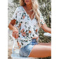 Women's Tie Floral V-Neck Short Sleeve Blouse Top