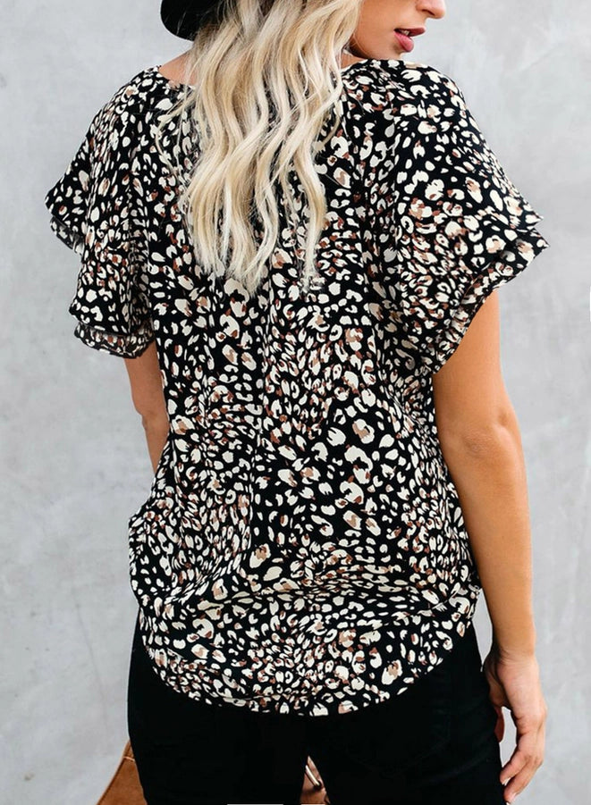 Women's Tie Floral V-Neck Short Sleeve Blouse Top