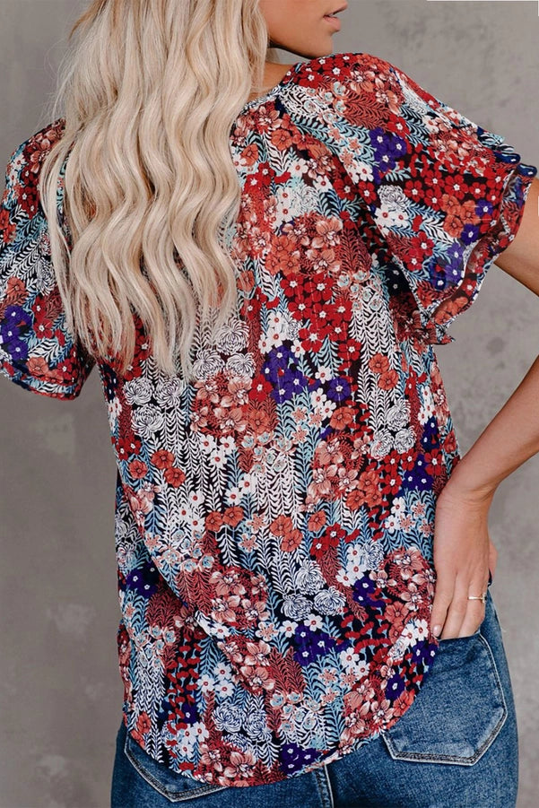 Women's Tie Floral V-Neck Short Sleeve Blouse Top