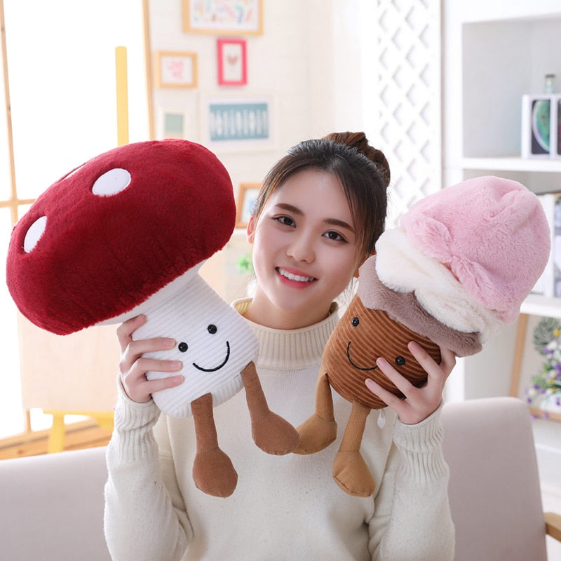 Smiling Eggplant and Mushroom Plush Toy