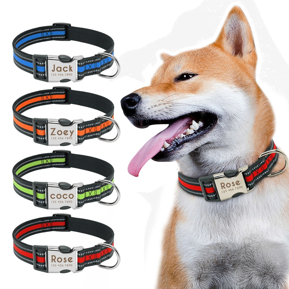 Personalized Reflective Nylon Dog Collar -Engraved ID Tag