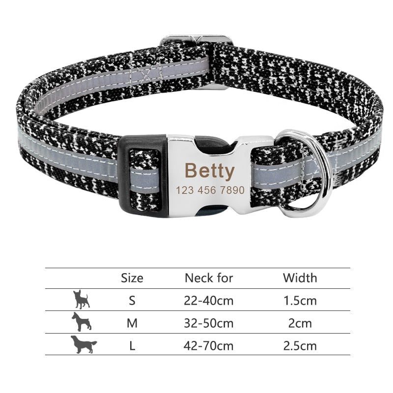 Personalized Reflective Nylon Dog Collar -Engraved ID Tag