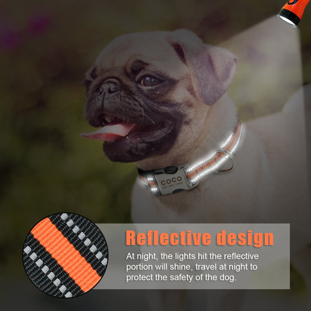 Personalized Reflective Nylon Dog Collar -Engraved ID Tag