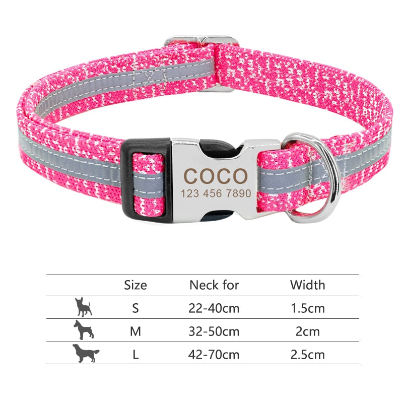 Personalized Reflective Nylon Dog Collar -Engraved ID Tag