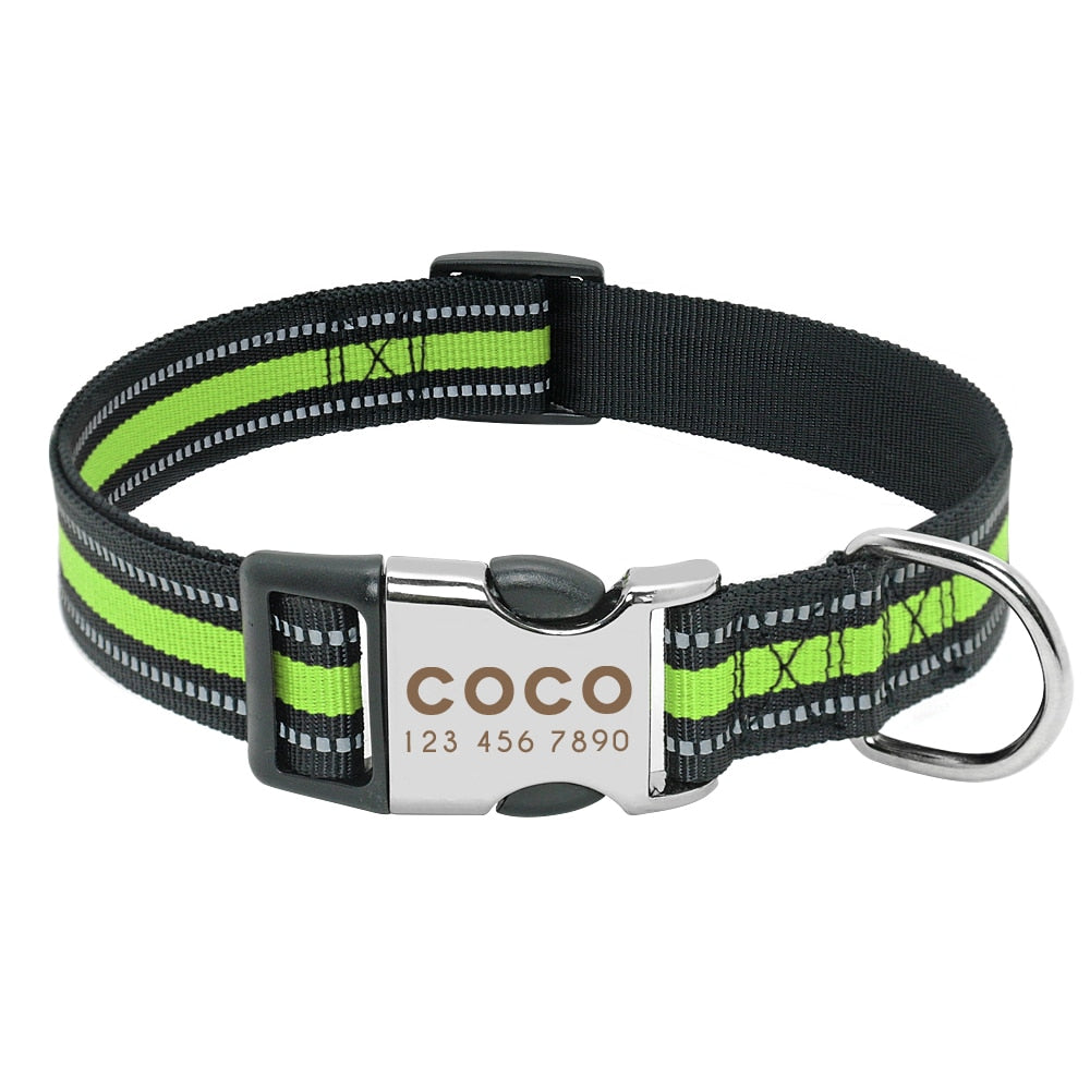 Personalized Reflective Nylon Dog Collar -Engraved ID Tag