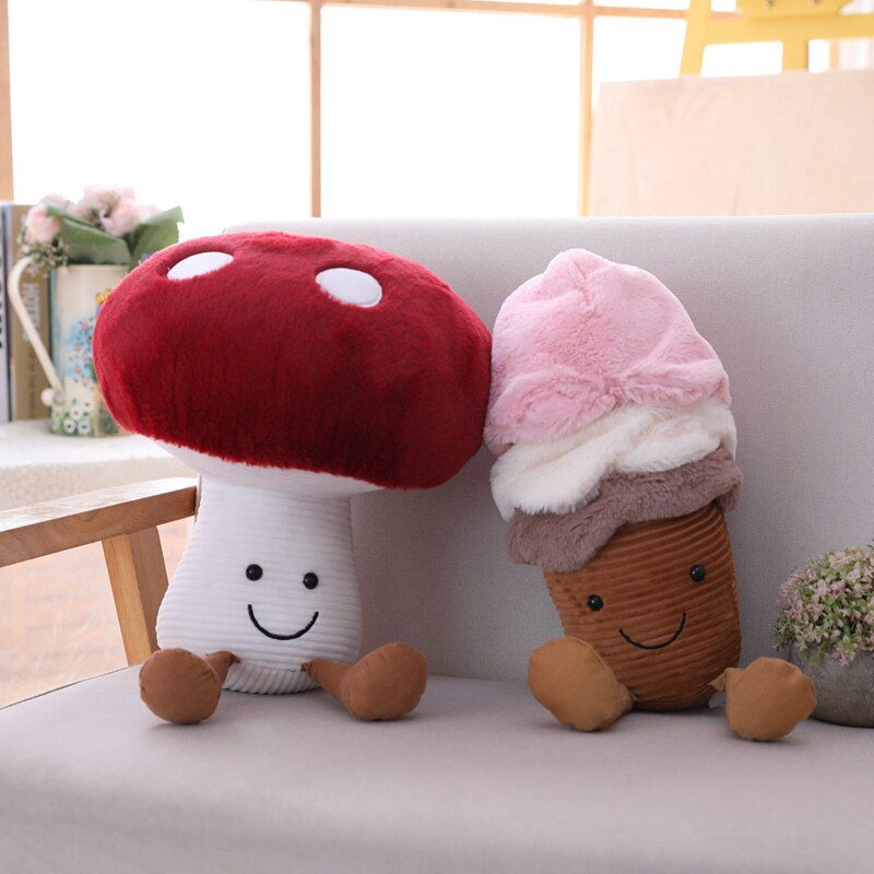 Smiling Eggplant and Mushroom Plush Toy