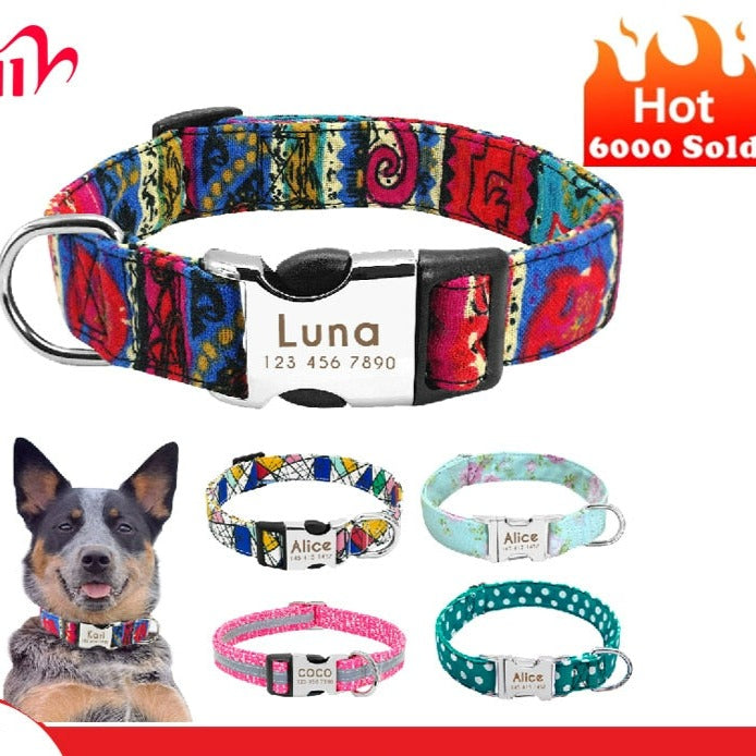 Personalized Reflective Nylon Dog Collar -Engraved ID Tag