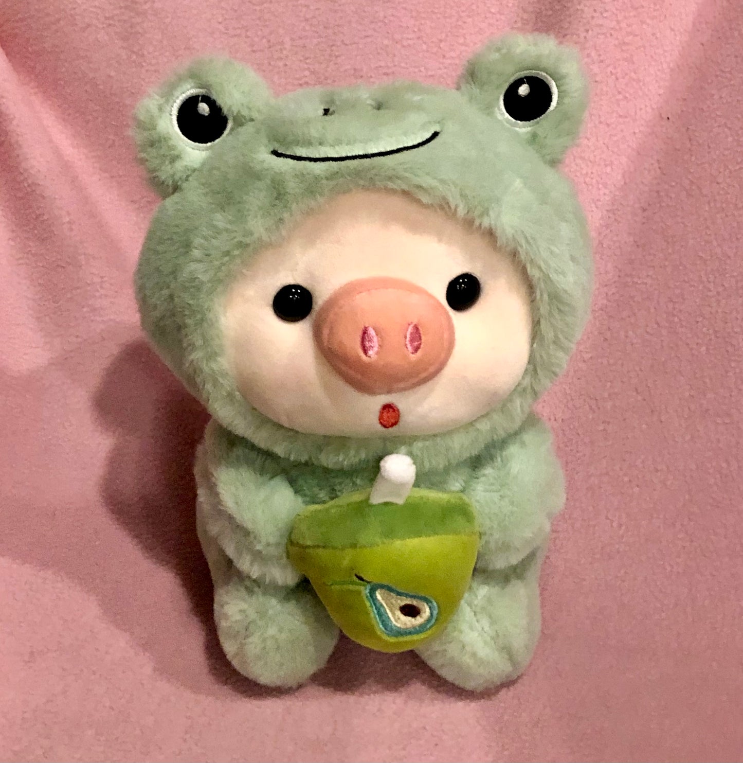 Plush Pig in Frog Costume with Boba Tea