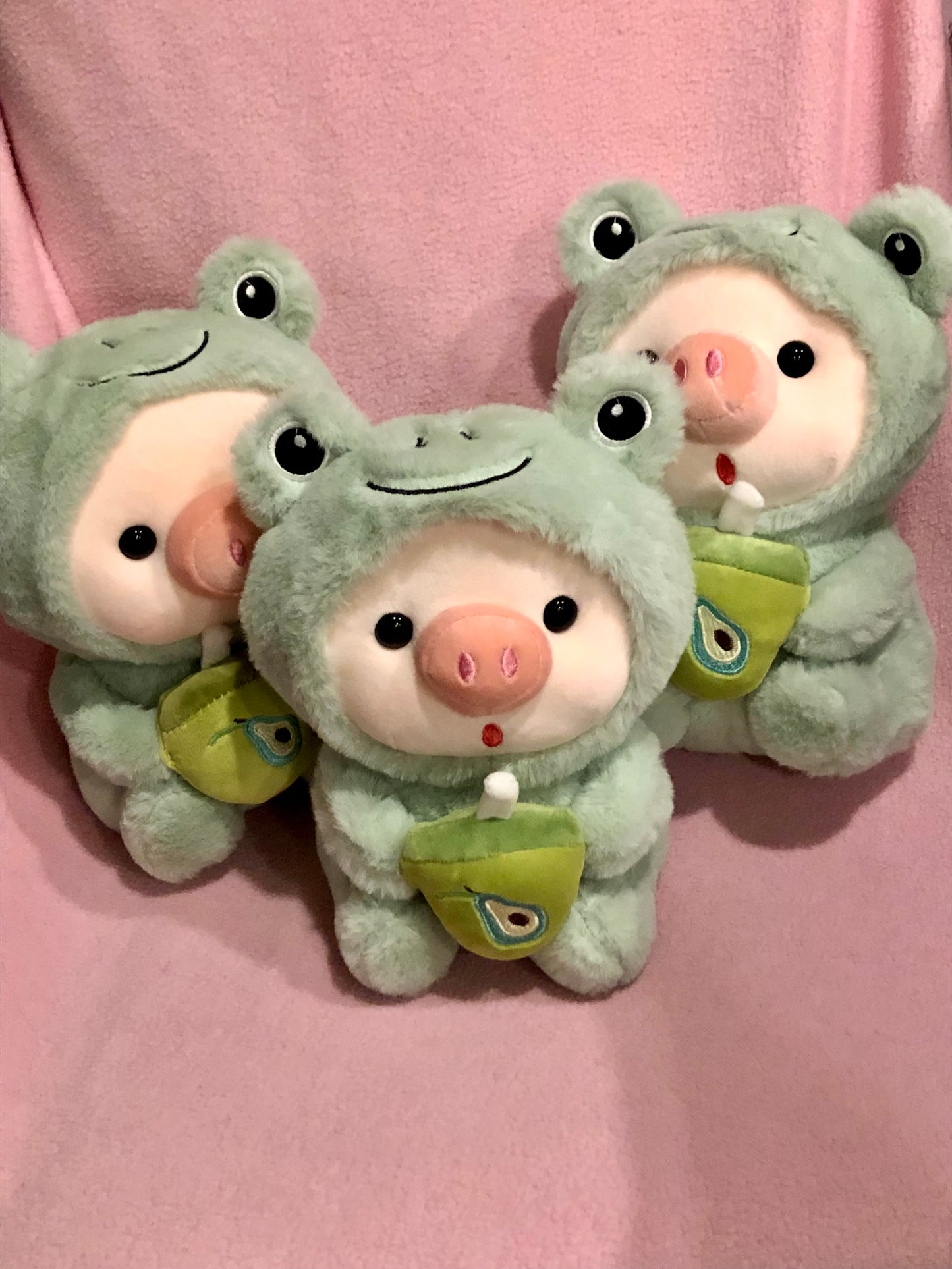 Plush Pig in Frog Costume with Boba Tea