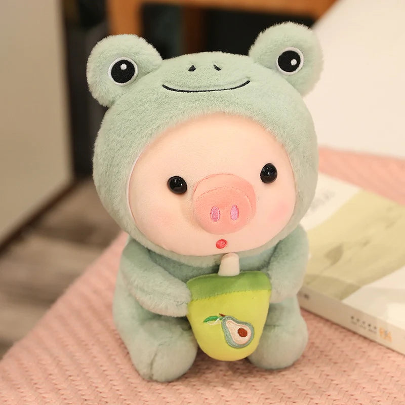 Plush Pig in Frog Costume with Boba Tea